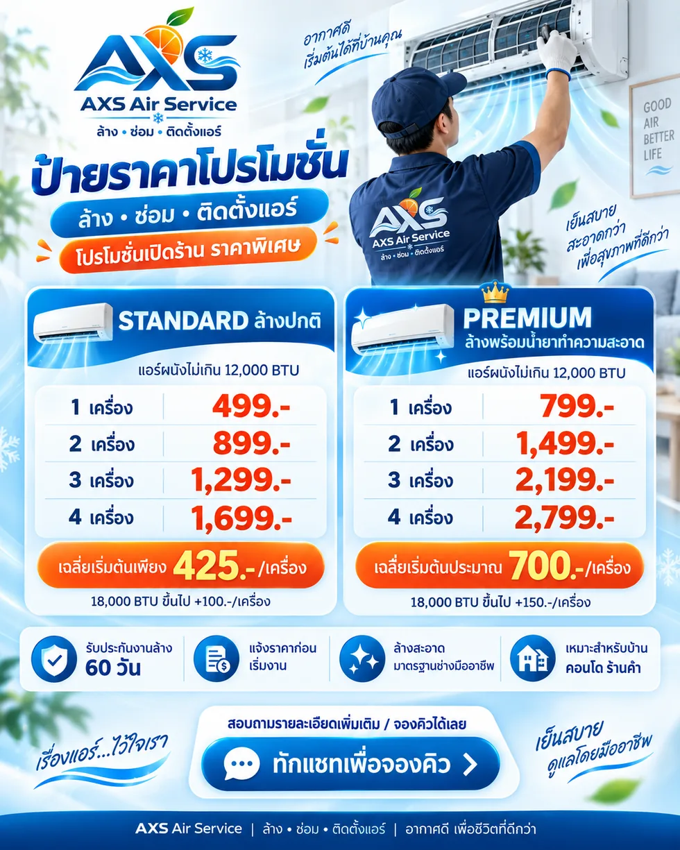 โปรโมชั่นล้างแอร์ AXS Standard 499 Premium 799